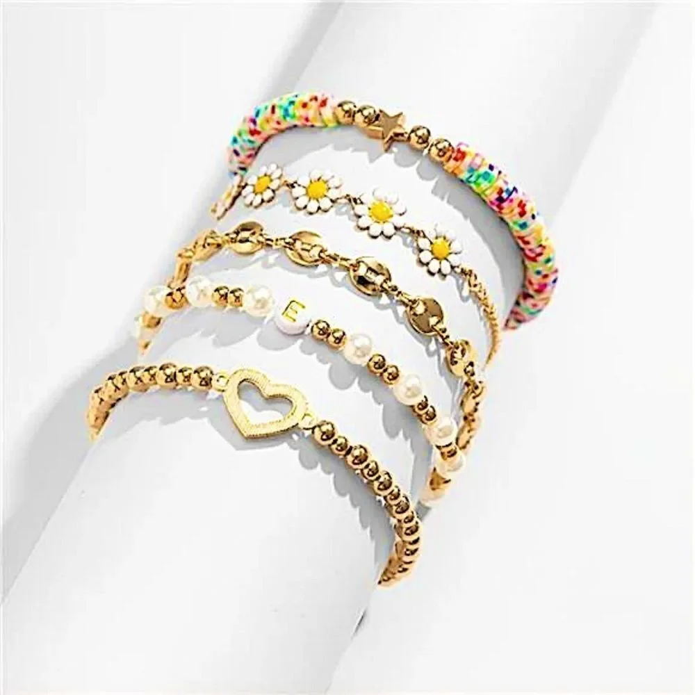 Summer Vibes Boho Daisy & Pearl Gold Tone 5 Piece Bracelet Stack Heart Charm Set